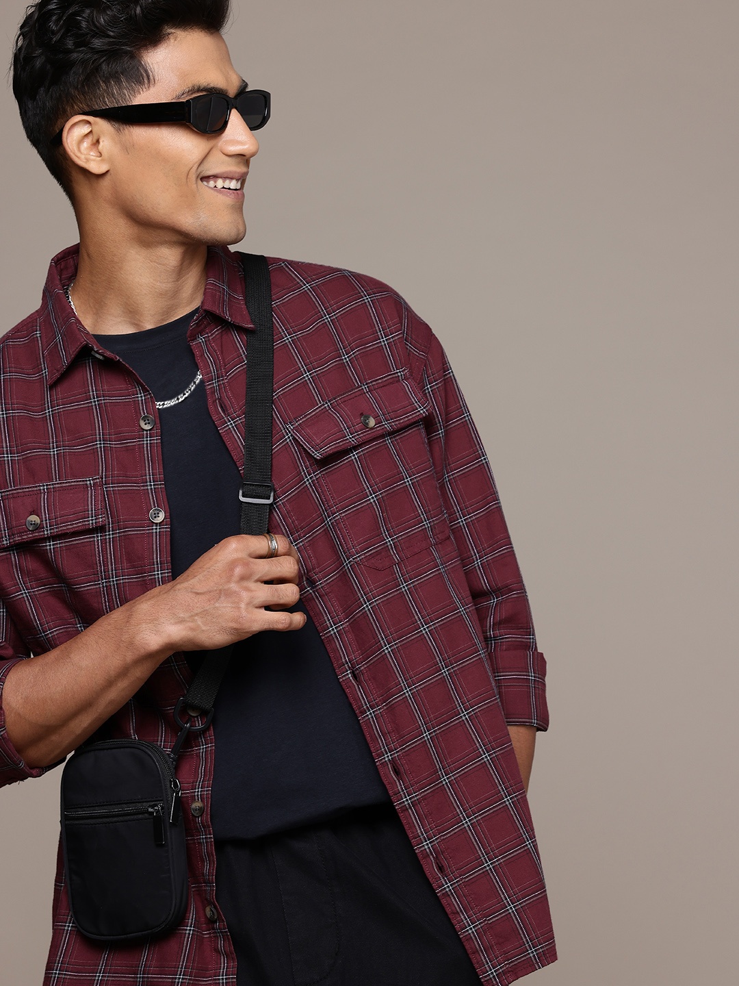 

WROGN Pure Cotton Checked Drop-Shoulder Sleeves Oversized Casual Shirt, Burgundy