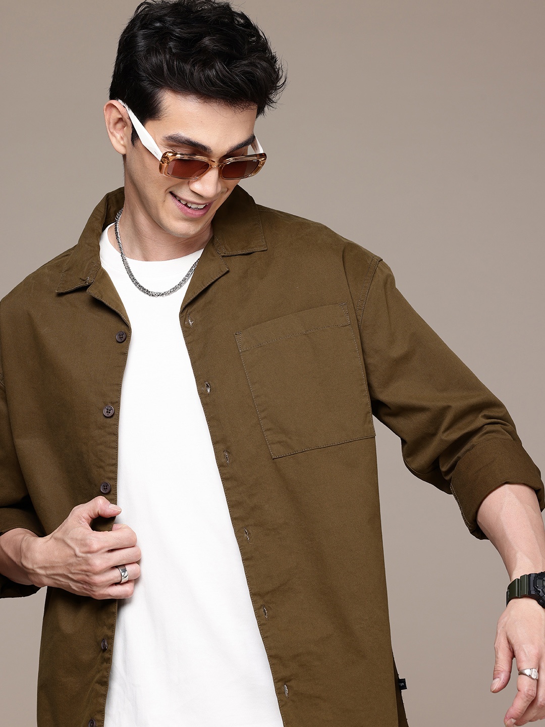 

WROGN Drop-Shoulder Sleeves Oversized Pure Cotton Casual Shirt, Olive
