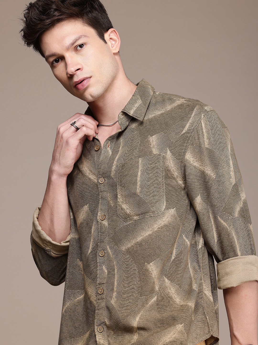

WROGN Comfort Fit Abstract Printed Opaque Casual Shirt, Olive