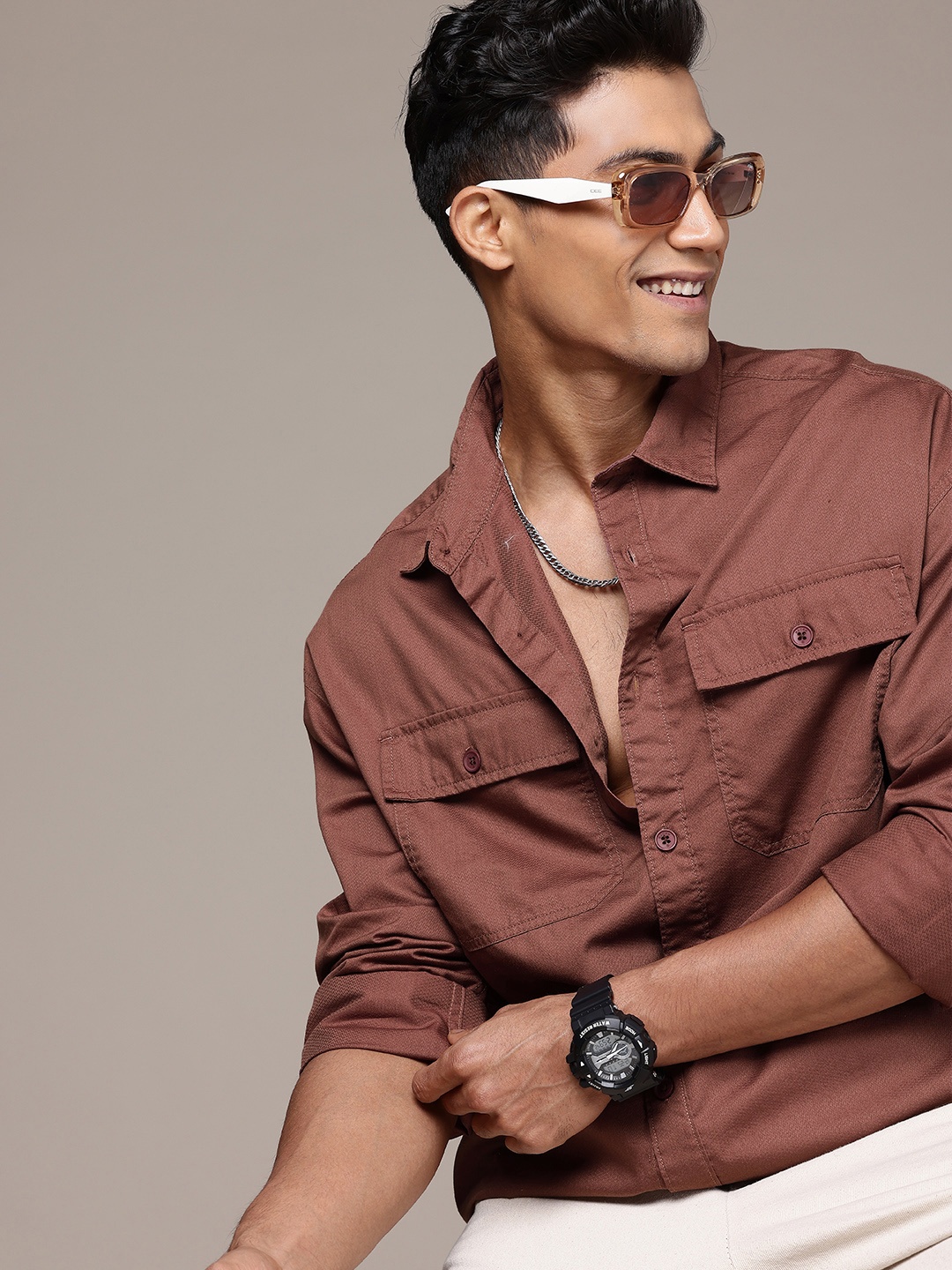 

WROGN Self Design Textured Oversized Casual Shirt, Brown