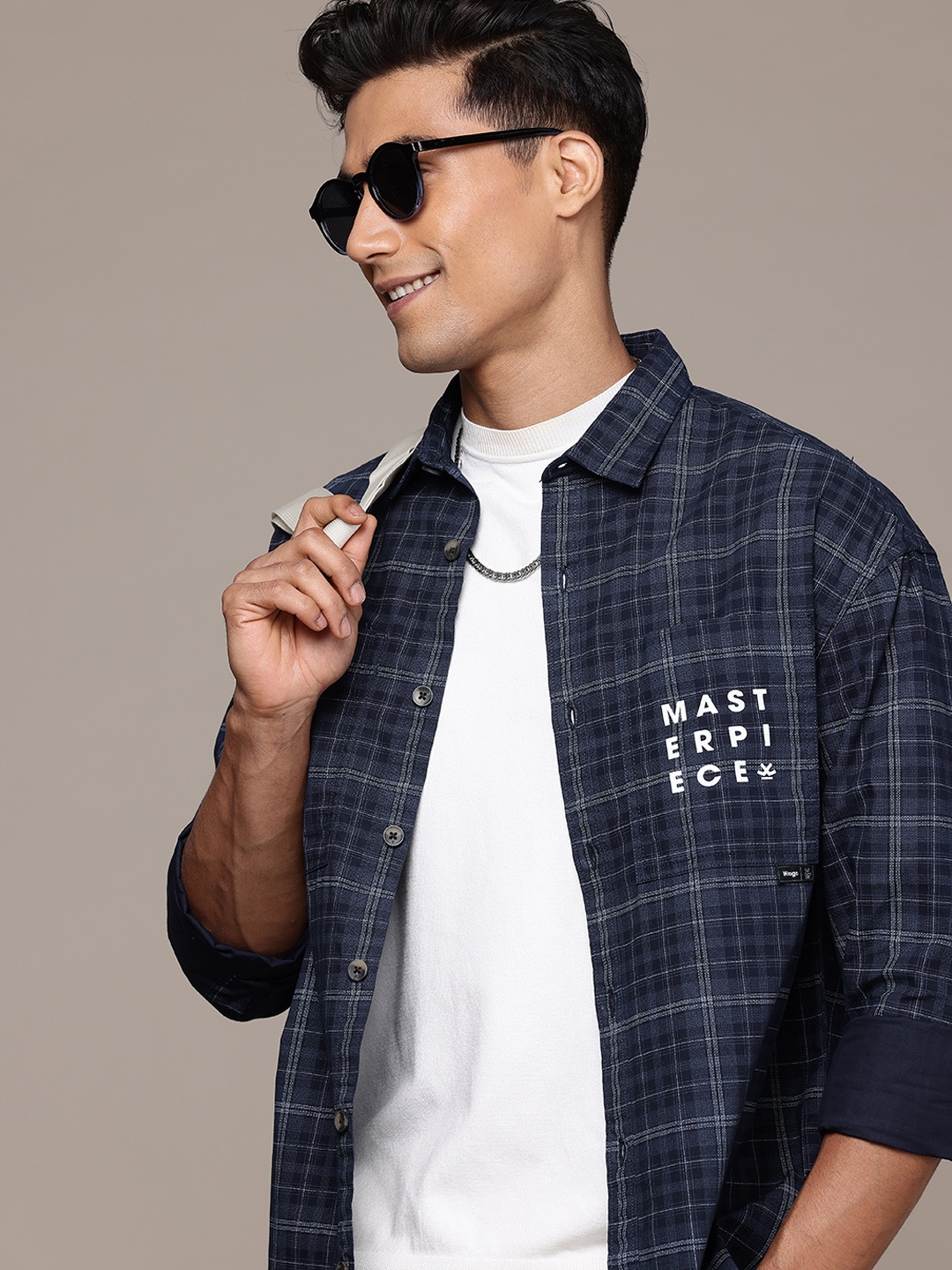 

WROGN Pure Cotton Opaque Checked Oversized Casual Shirt, Navy blue