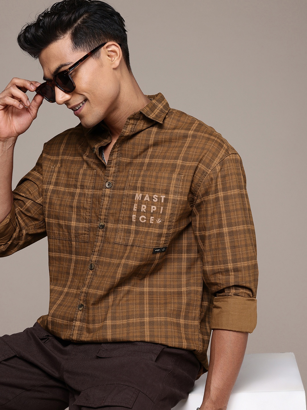 

WROGN Pure Cotton Checked Drop-Shoulder Sleeves Oversized Casual Shirt, Brown