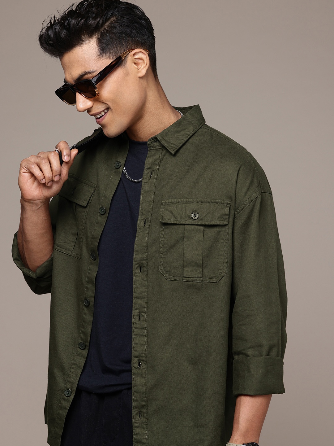 

WROGN Pure Cotton Oversized Casual Shirt, Olive
