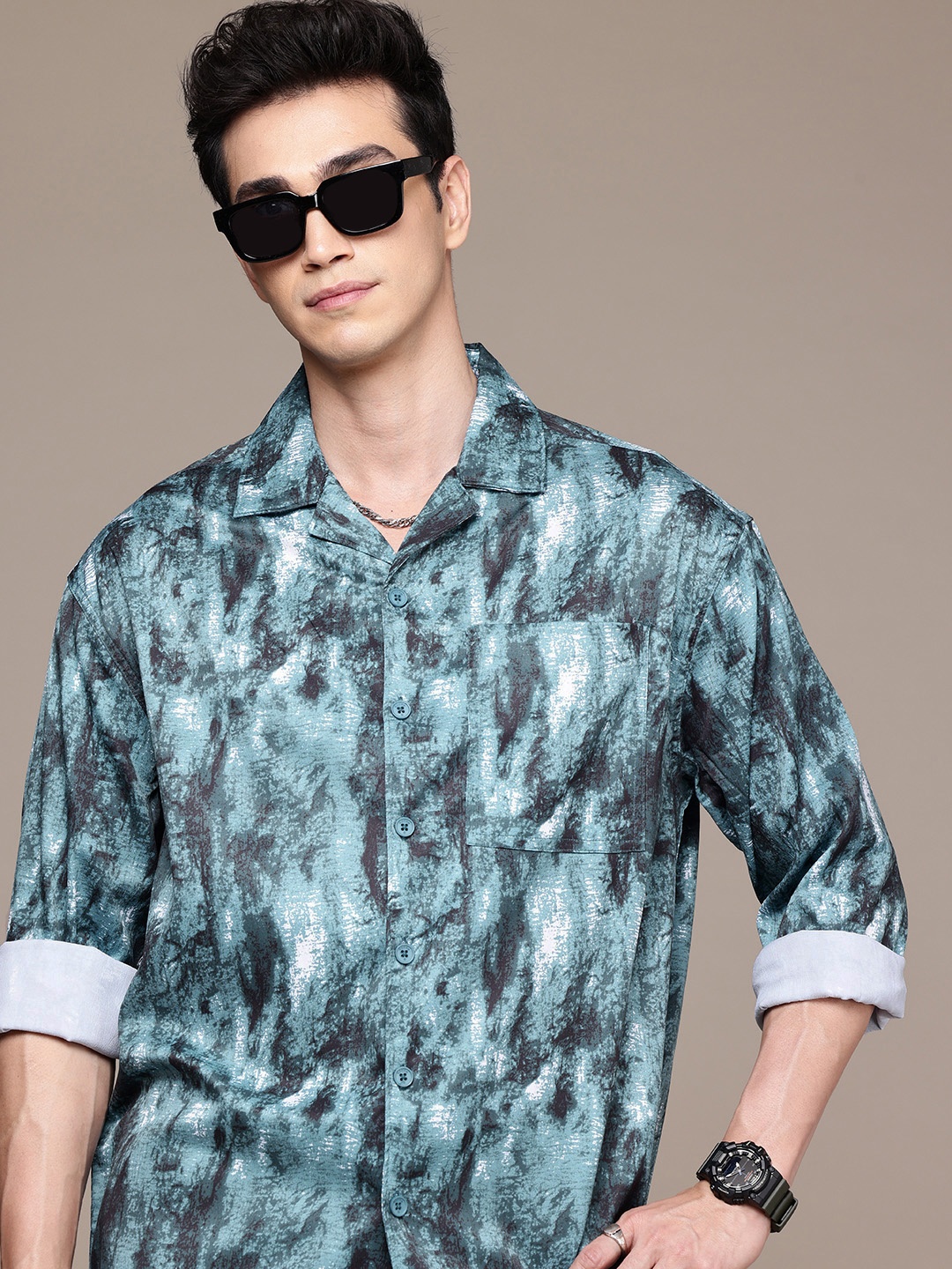 

WROGN Opaque Abstract Printed Oversized Casual Shirt, Teal