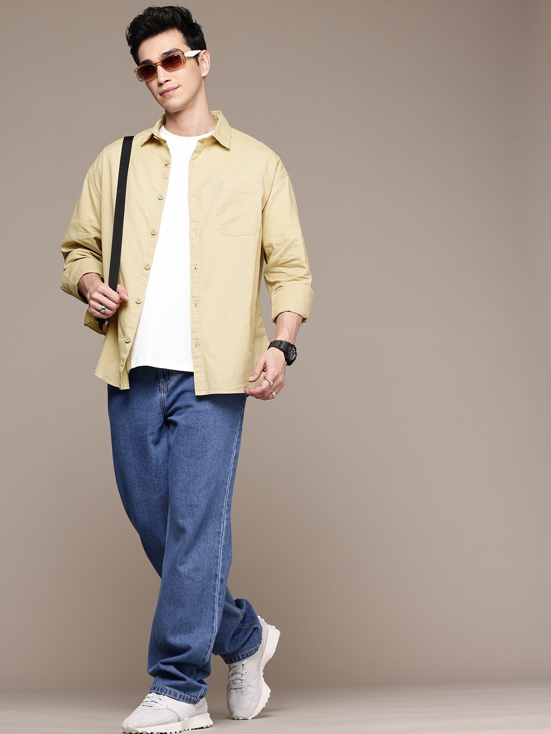 

WROGN Pure Cotton Oversized Shirt, Khaki