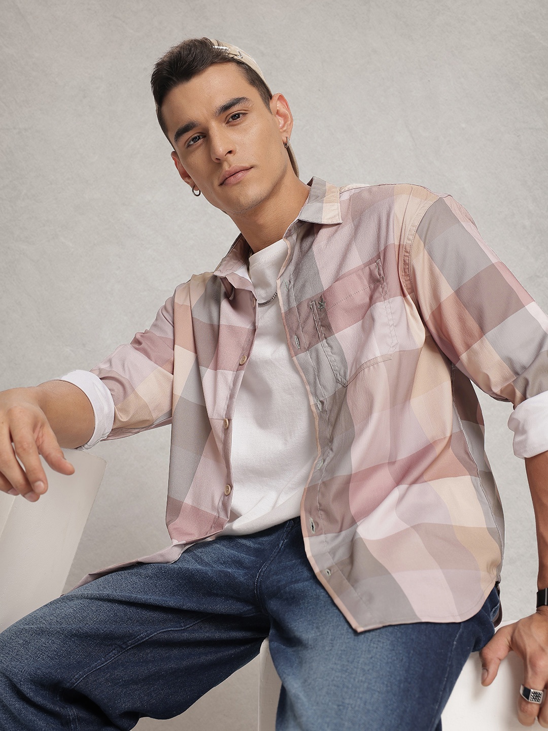

WROGN Oversized Checked Drop-Shoulder Sleeves Casual Shirt, Multi