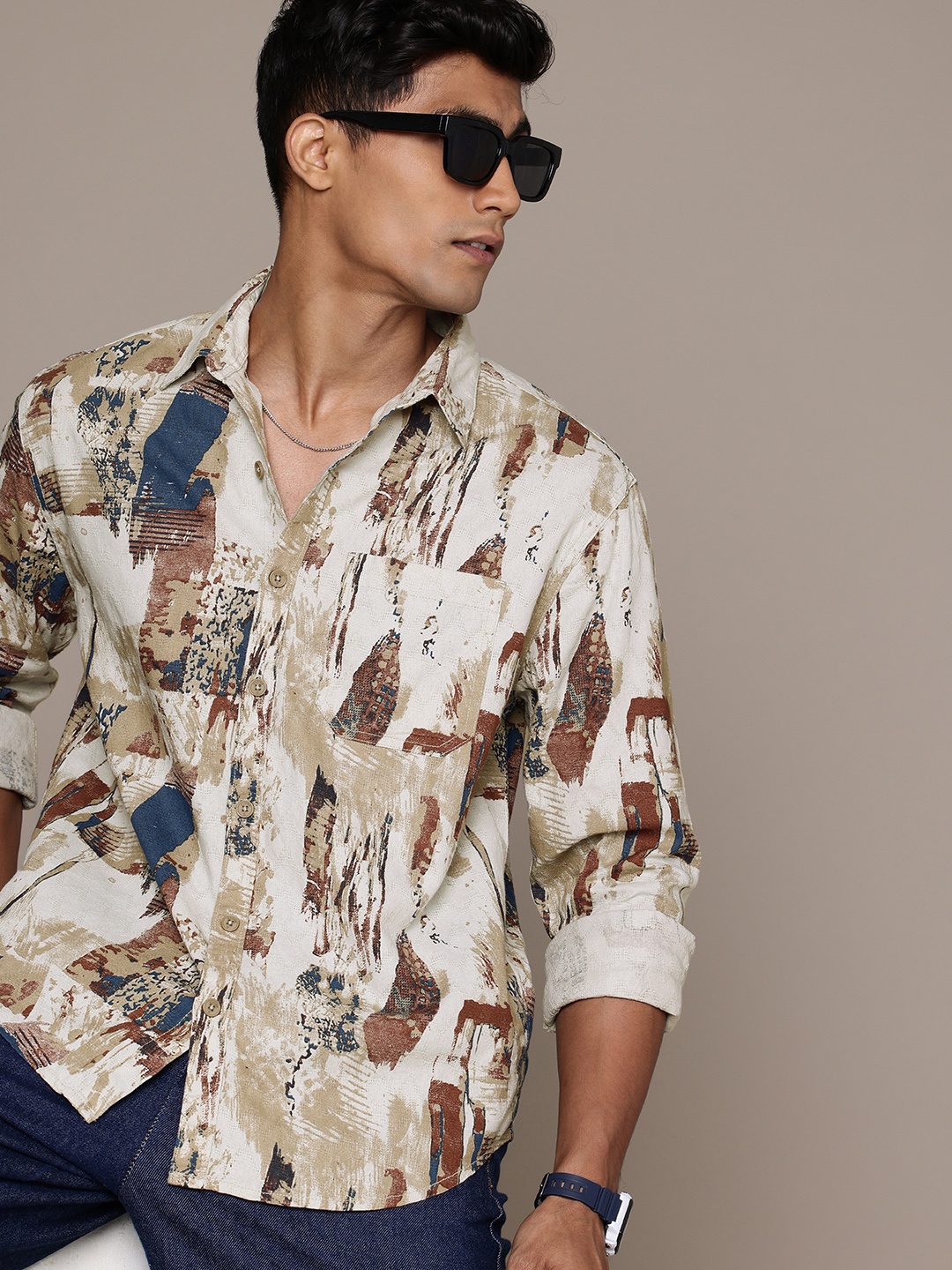 

WROGN Comfort Fit Abstract Printed Pure Cotton Casual Shirt, Multi