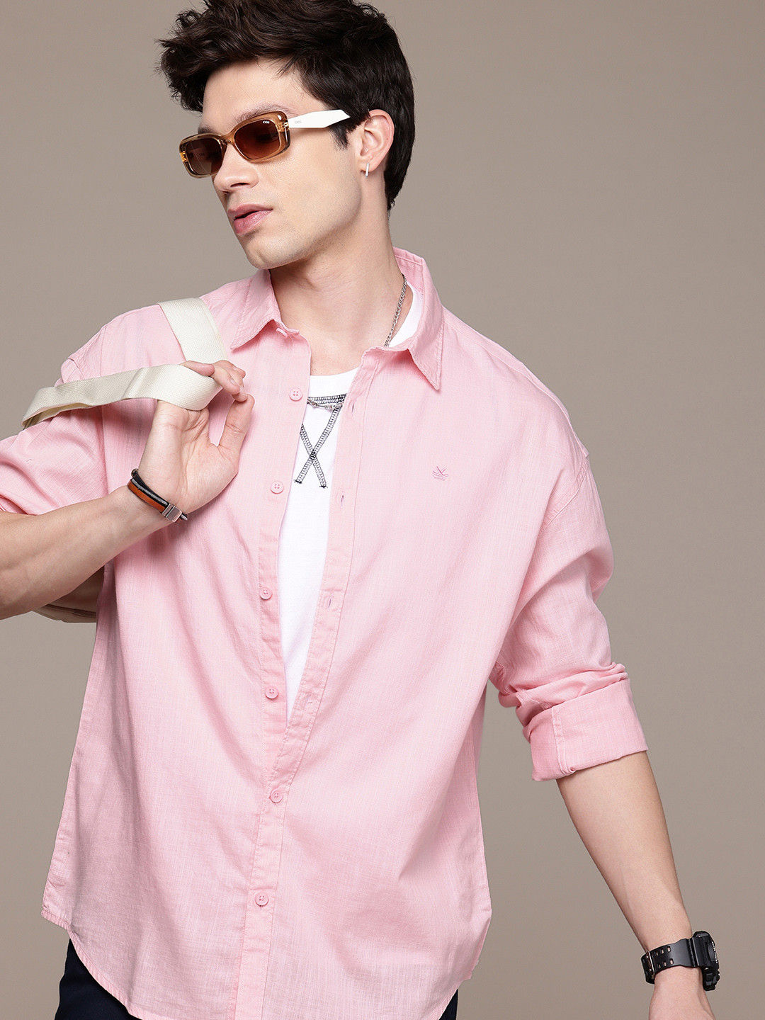 

WROGN Pure Cotton Self Design Textured Oversized Shirt, Pink