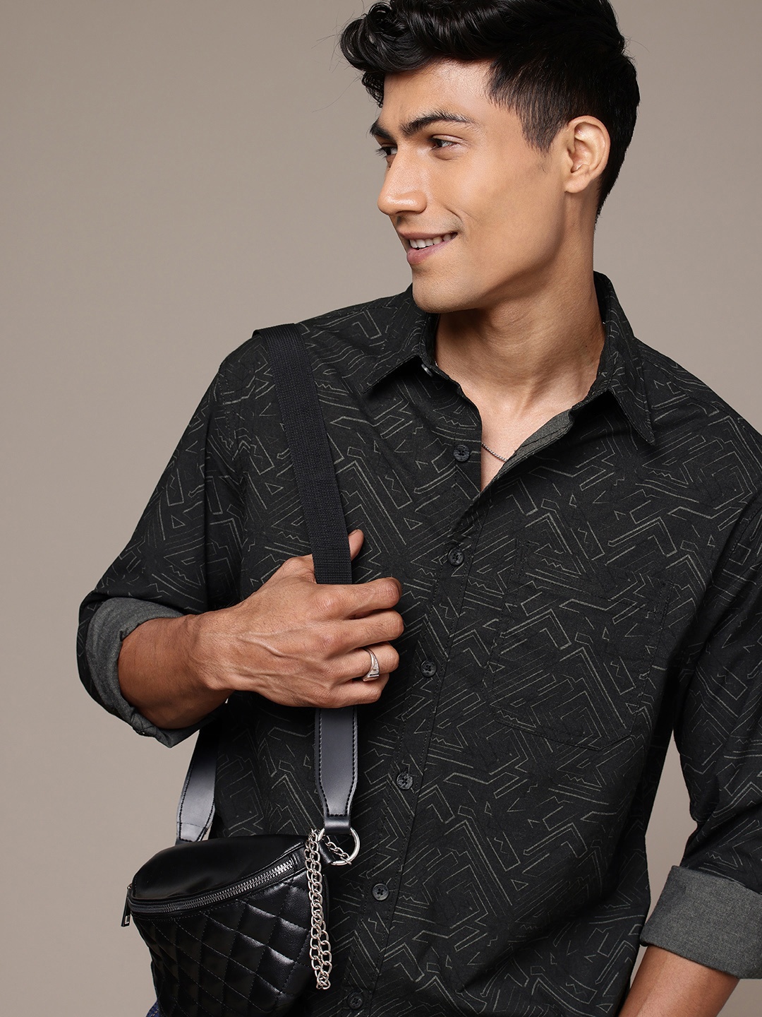 

WROGN Comfort Fit Geometric Printed Casual Shirt, Black