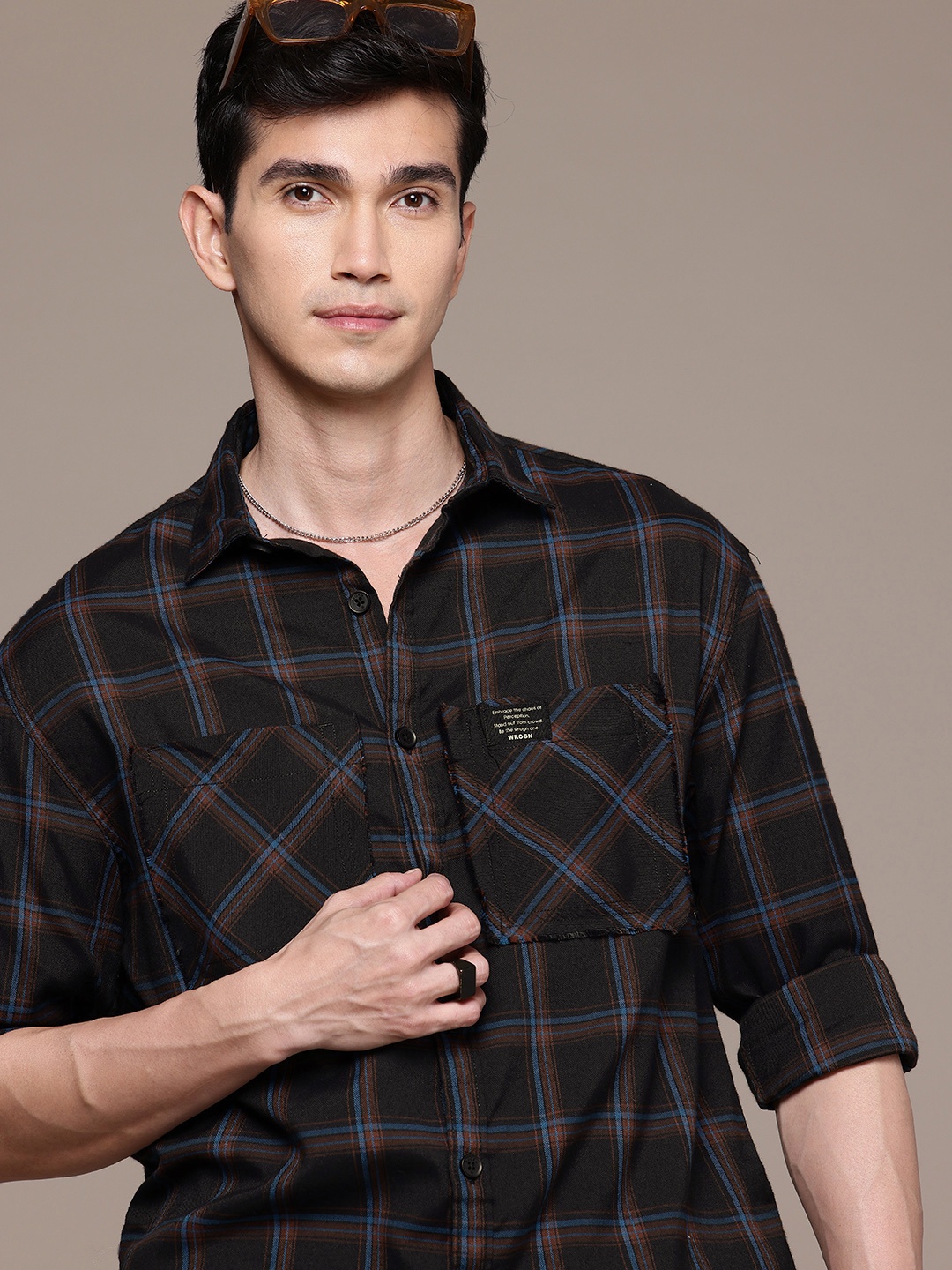 

WROGN Checked Drop-Shoulder Sleeves Oversized Shirt, Black