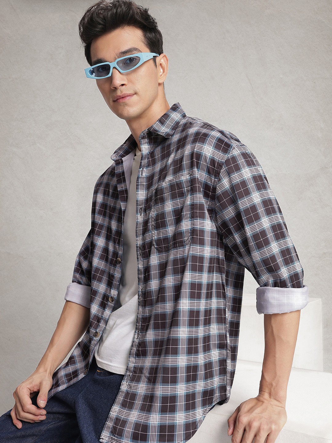 

WROGN Checked Oversized Casual Shirt, Black