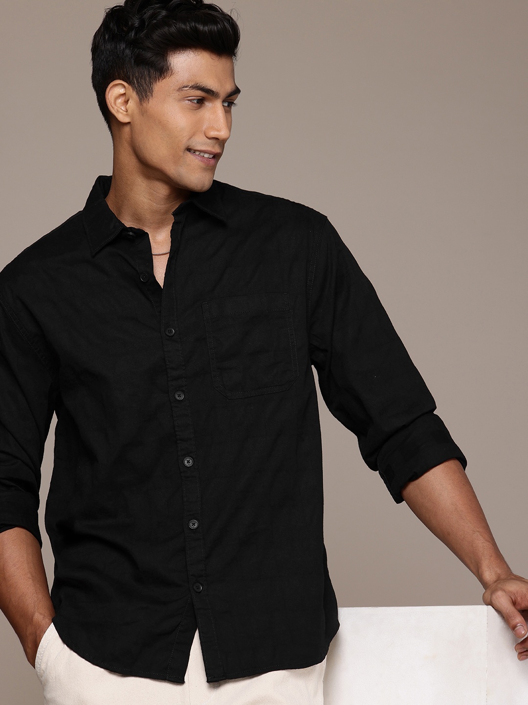 

WROGN Comfort Fit Self Checked Pure Cotton Casual Shirt, Black