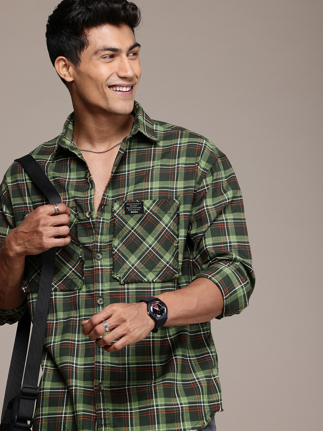 

WROGN Tartan Checked Opaque Pure Cotton Casual Shirt, Green