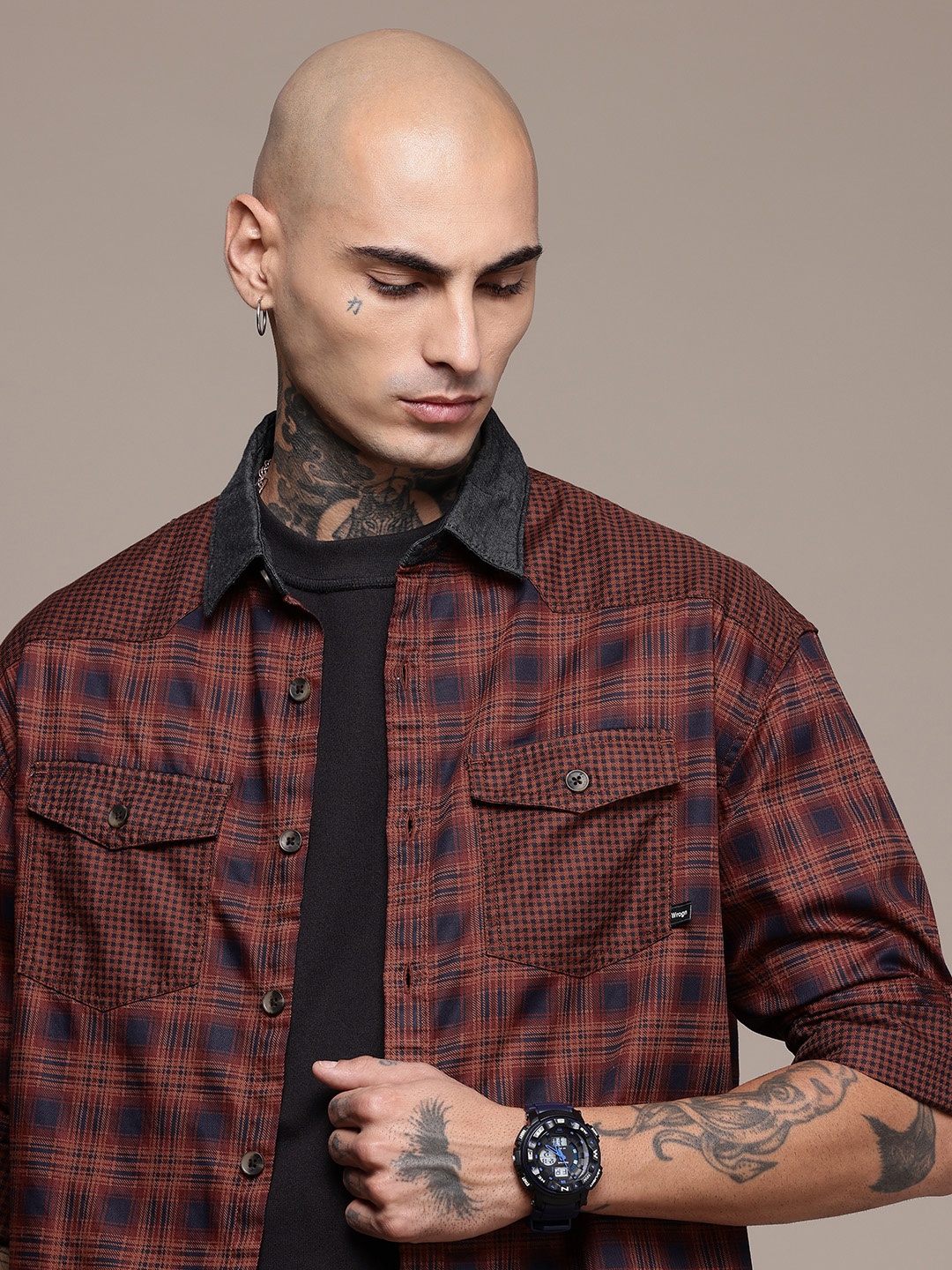 

WROGN Pure Cotton Checked Drop-Shoulder Sleeves Oversized Casual Shirt, Rust