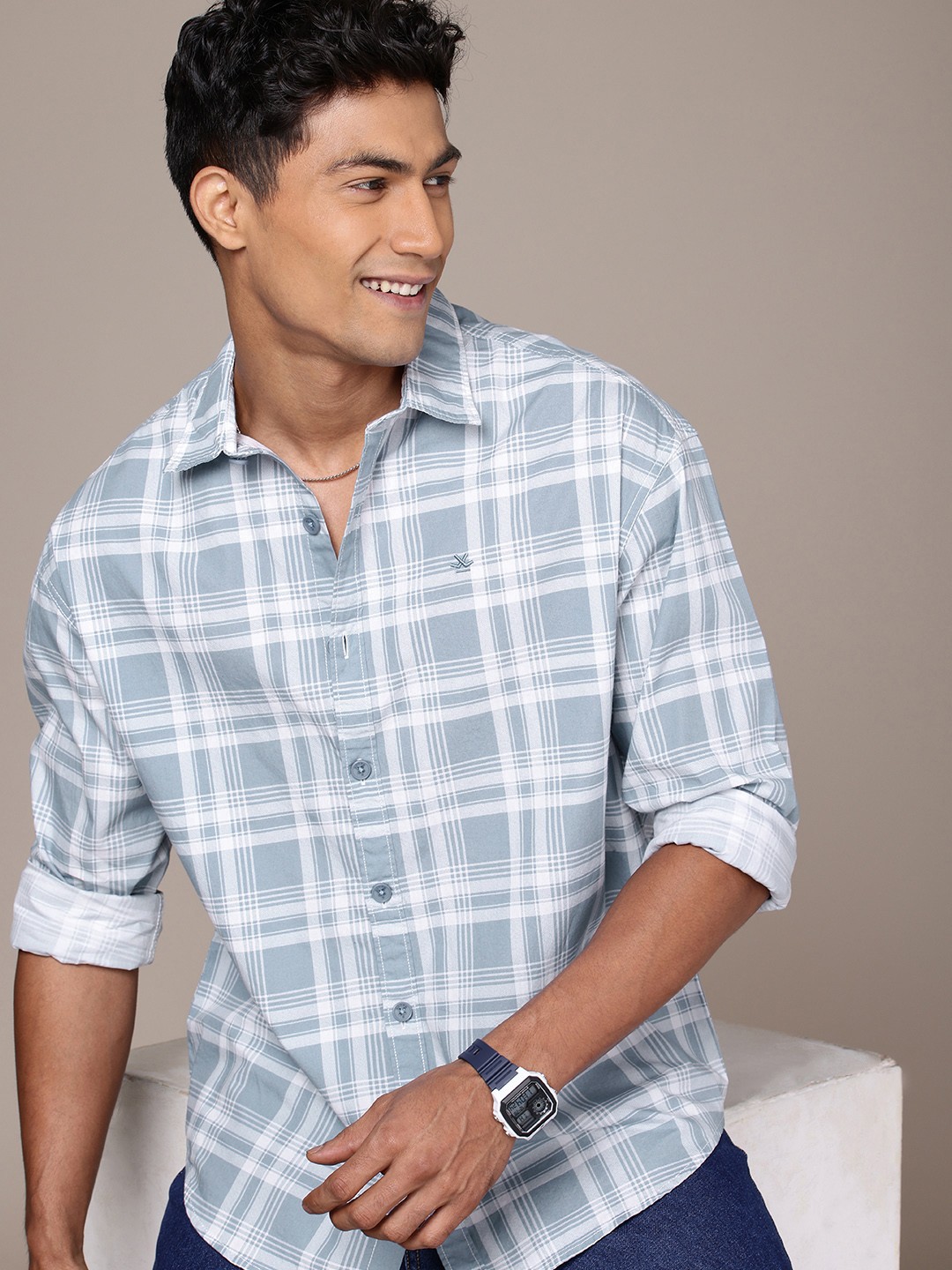 

WROGN Oversized Checked Drop-Shoulder Sleeves Pure Cotton Casual Shirt, Blue