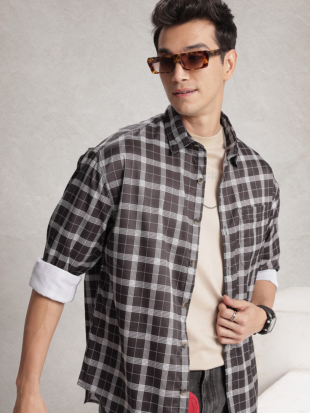 

WROGN Checked Oversized Casual Shirt, Black