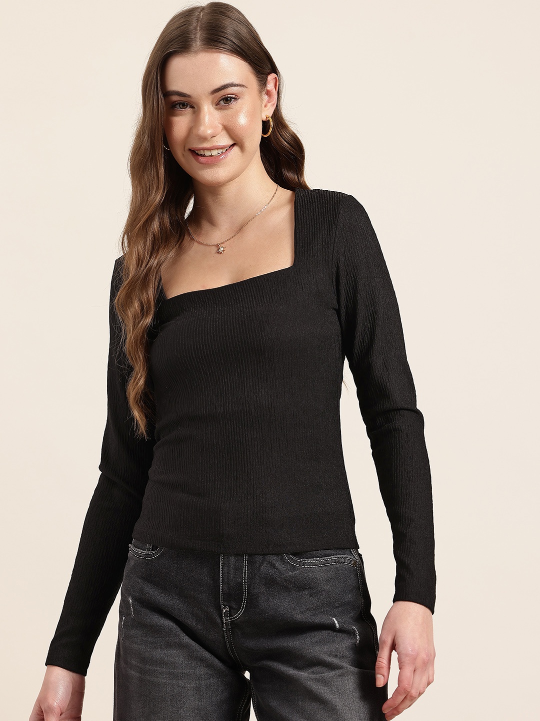 

HERE&NOW Square Neck Fitted Top, Black