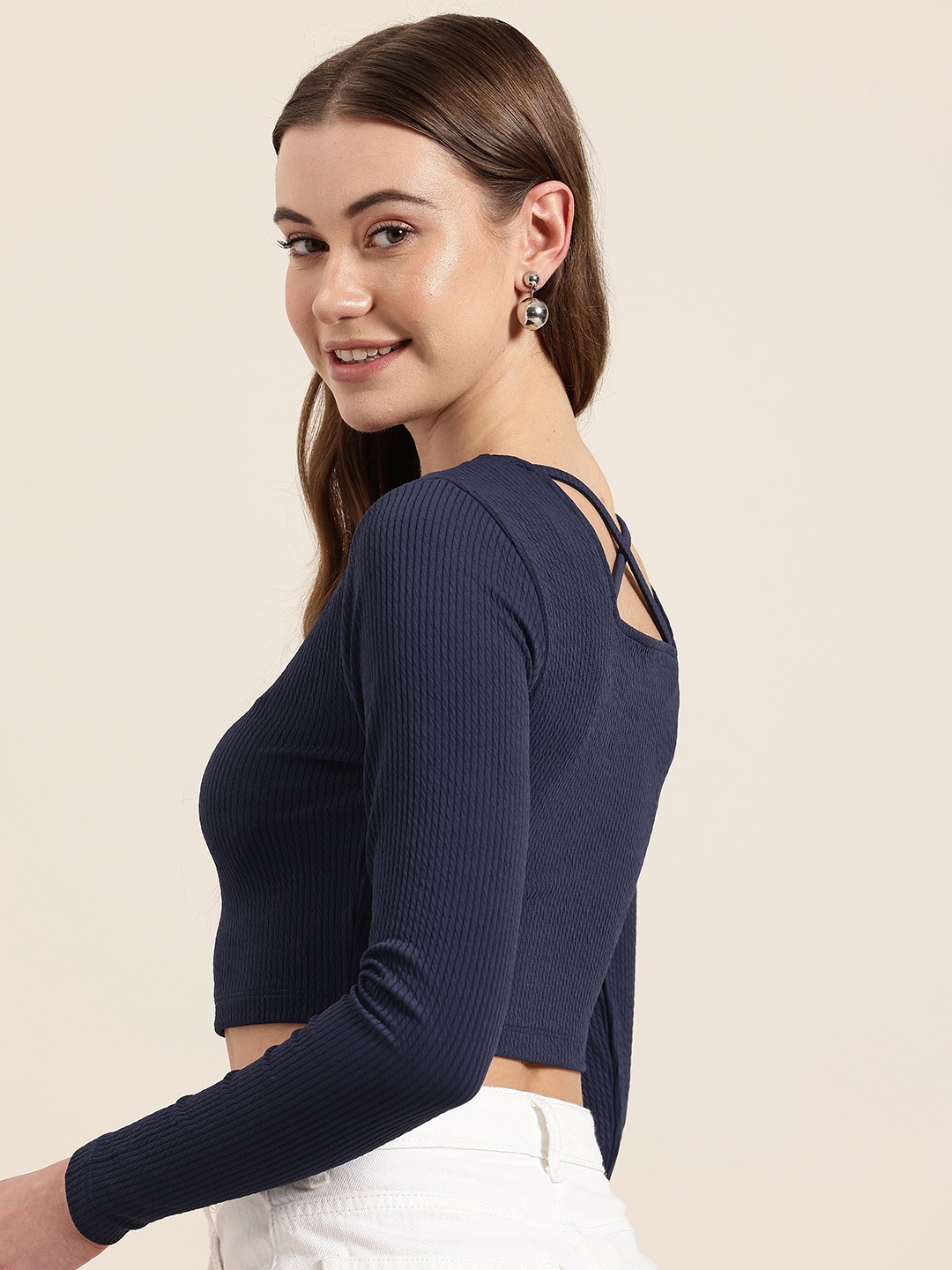 

HERE&NOW Textured Rib Fitted Crop Top, Navy blue