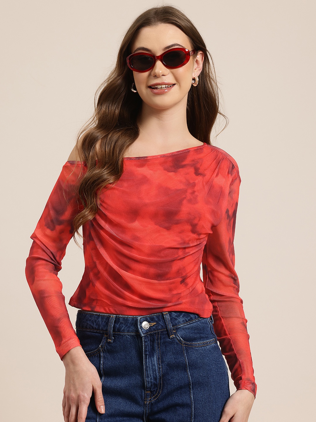 

HERE&NOW Printed One Shoulder Ruched Mesh Top, Red