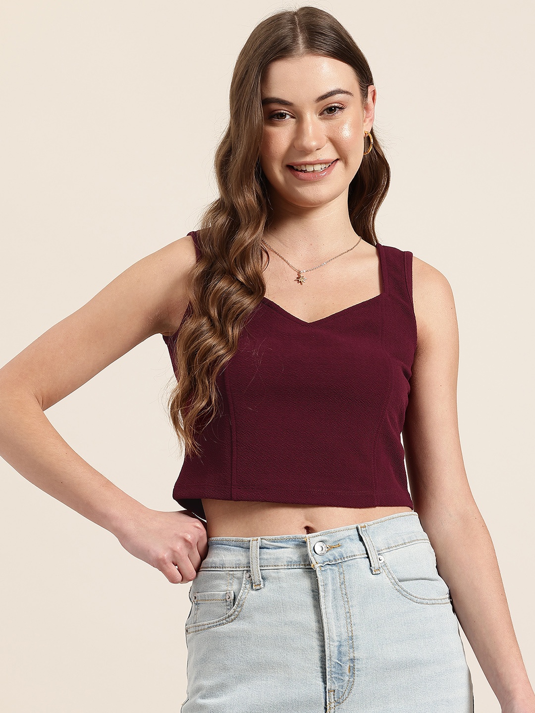 

HERE&NOW Textured Sweetheart Neck Crop Top, Maroon