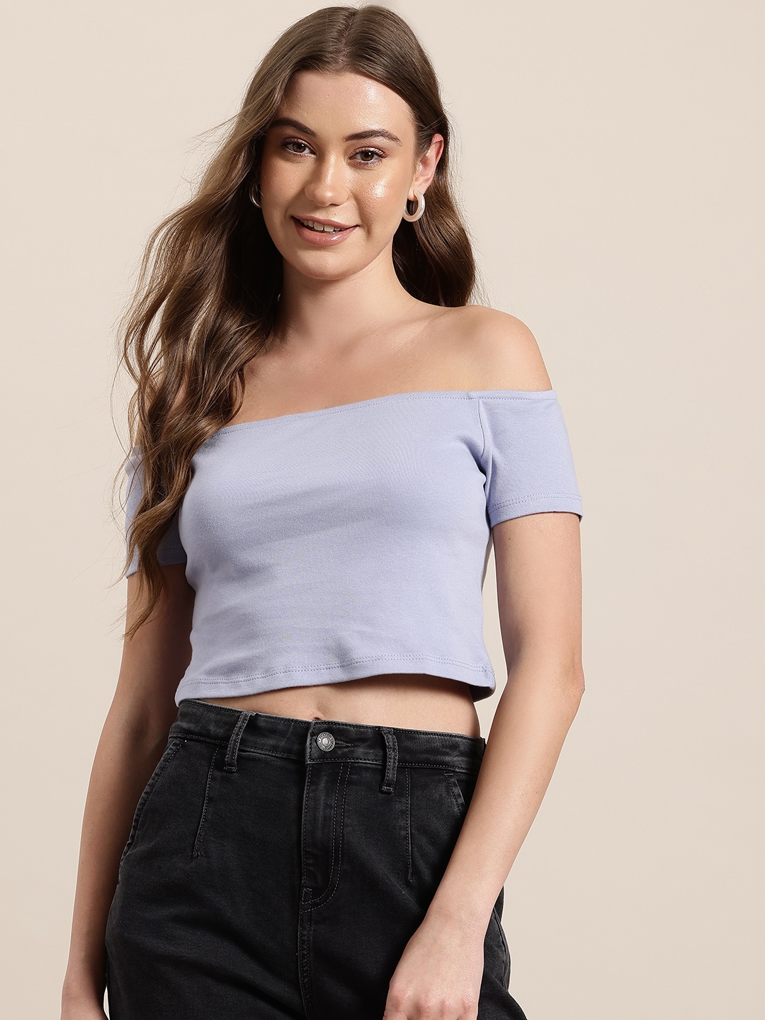 

HERE&NOW Off-Shoulder Cotton Bardot Crop Top, Lavender