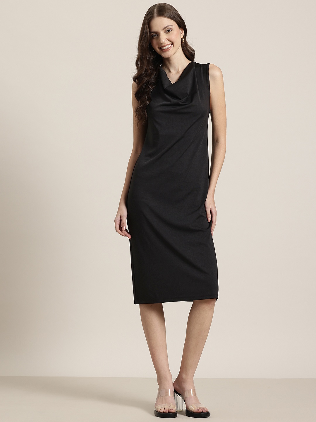 

HERE&NOW Cowl Neck Satin Sheath Midi Dress, Black