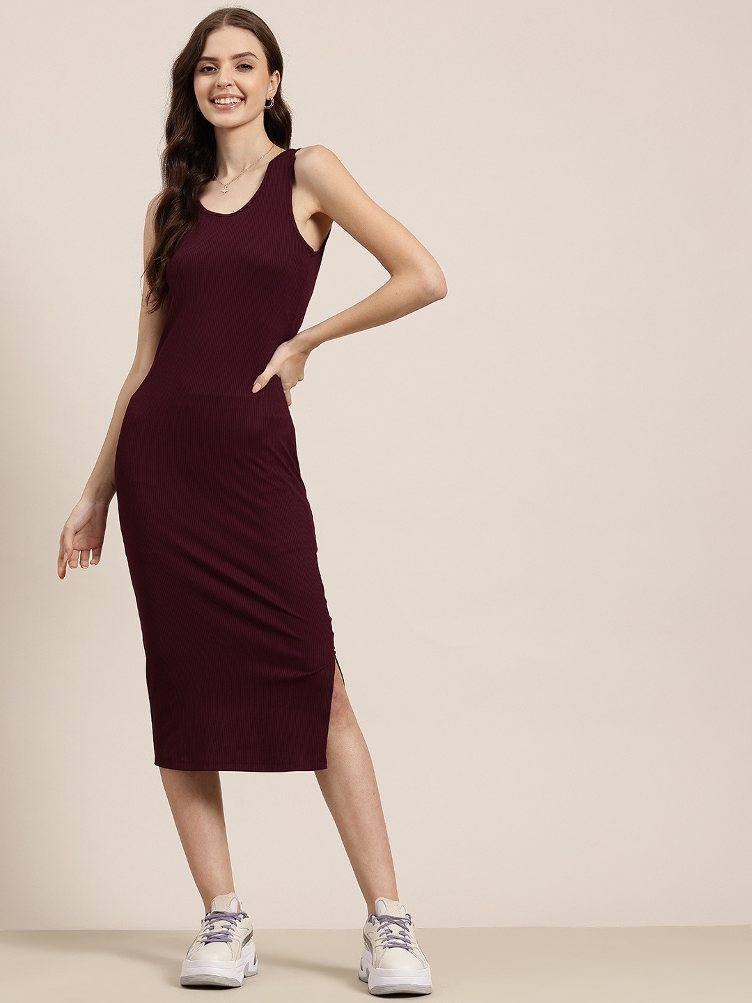 

HERE&NOW Ribbed Midi Bodycon Slip Dress with Slit Detail, Burgundy