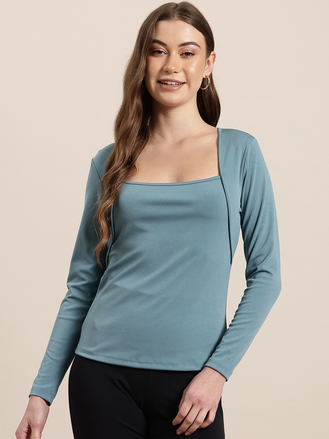 

HERE&NOW Bolero Look Paneled Long Sleeves Top, Blue