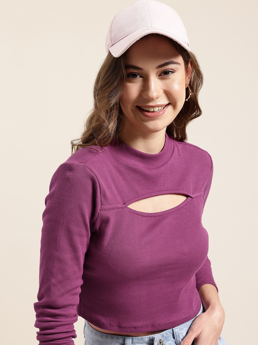 

HERE&NOW Cut Out Detail Ribbed Top, Purple