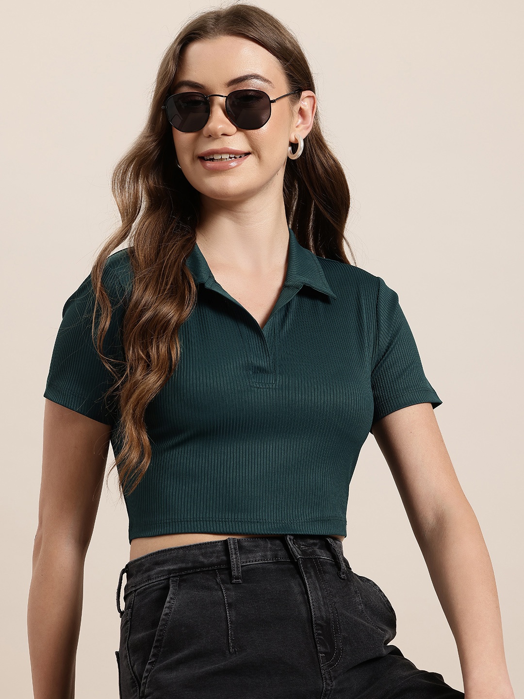 

HERE&NOW Polo Collar Ribbed Crop Top, Green