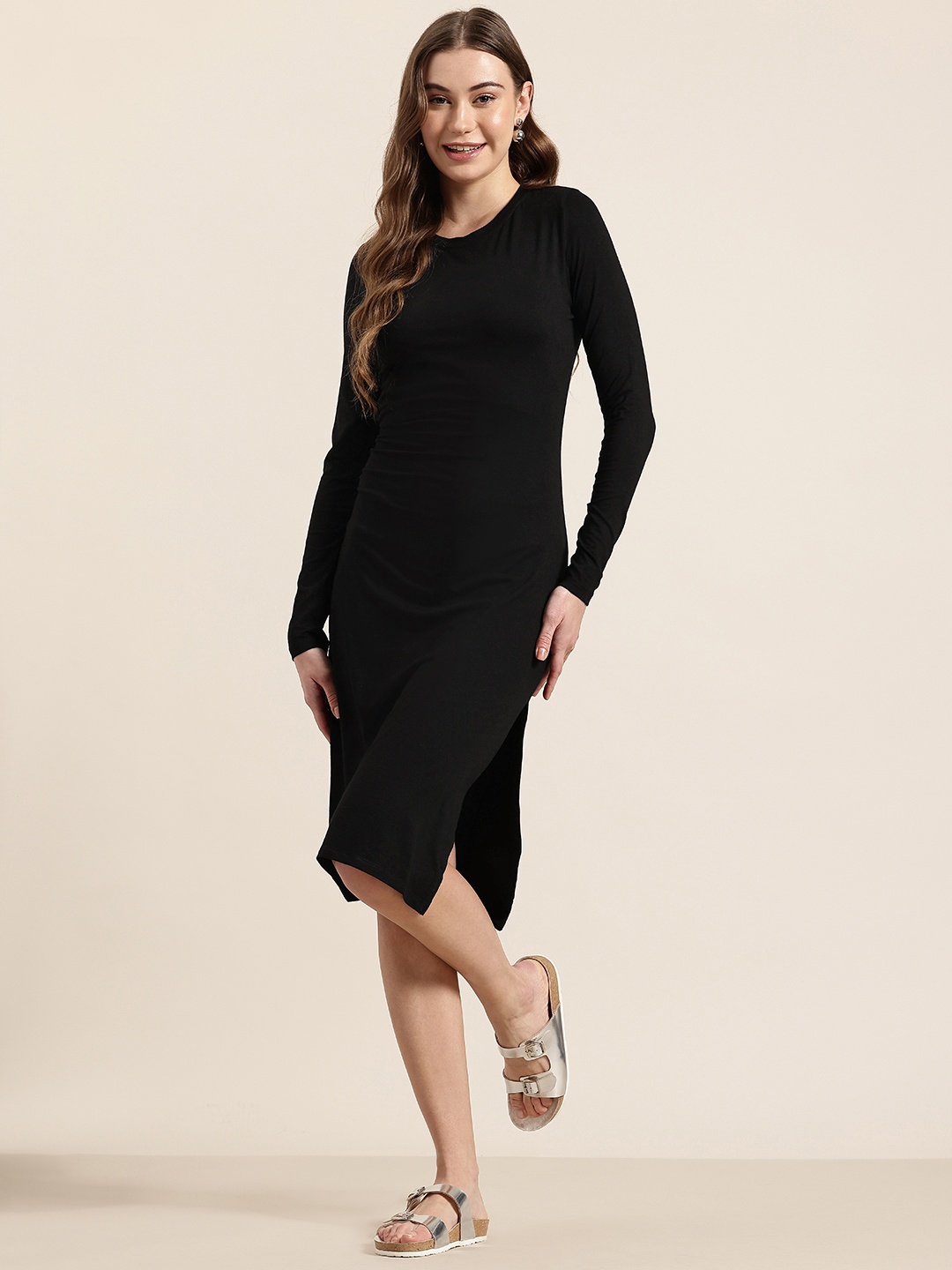 

HERE&NOW Side Slit Solid Bodycon Dress, Black