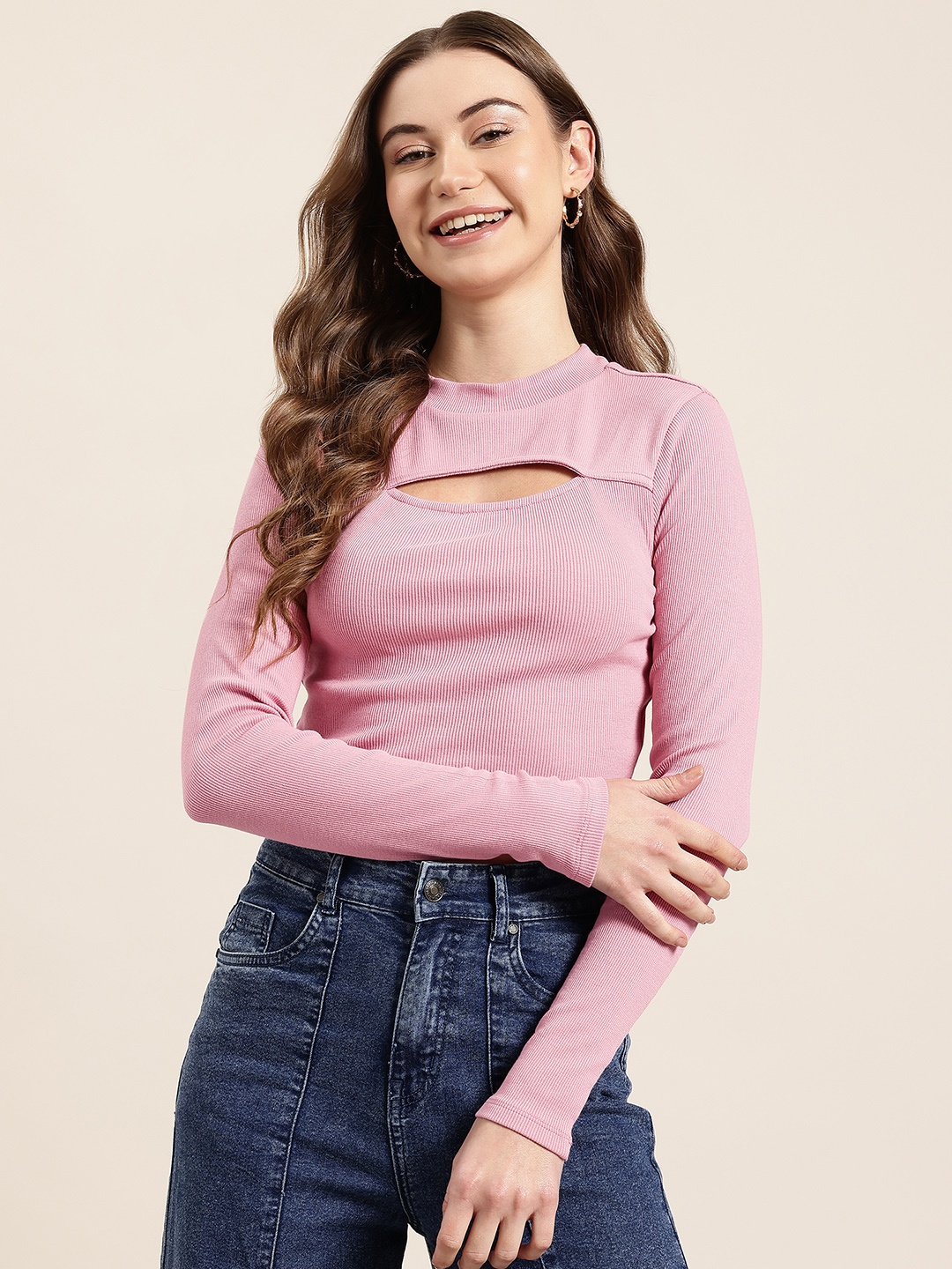 

HERE&NOW Cut Out Detail Ribbed Top, Pink