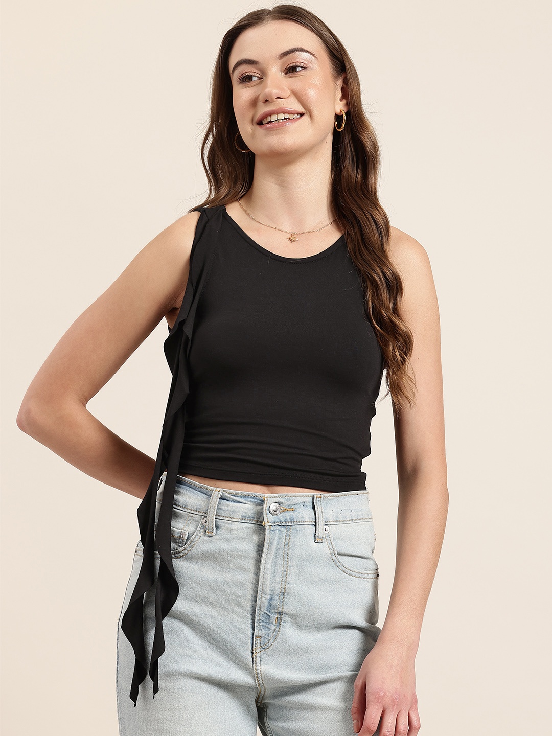 

HERE&NOW Ruffles Fitted Crop Top, Black