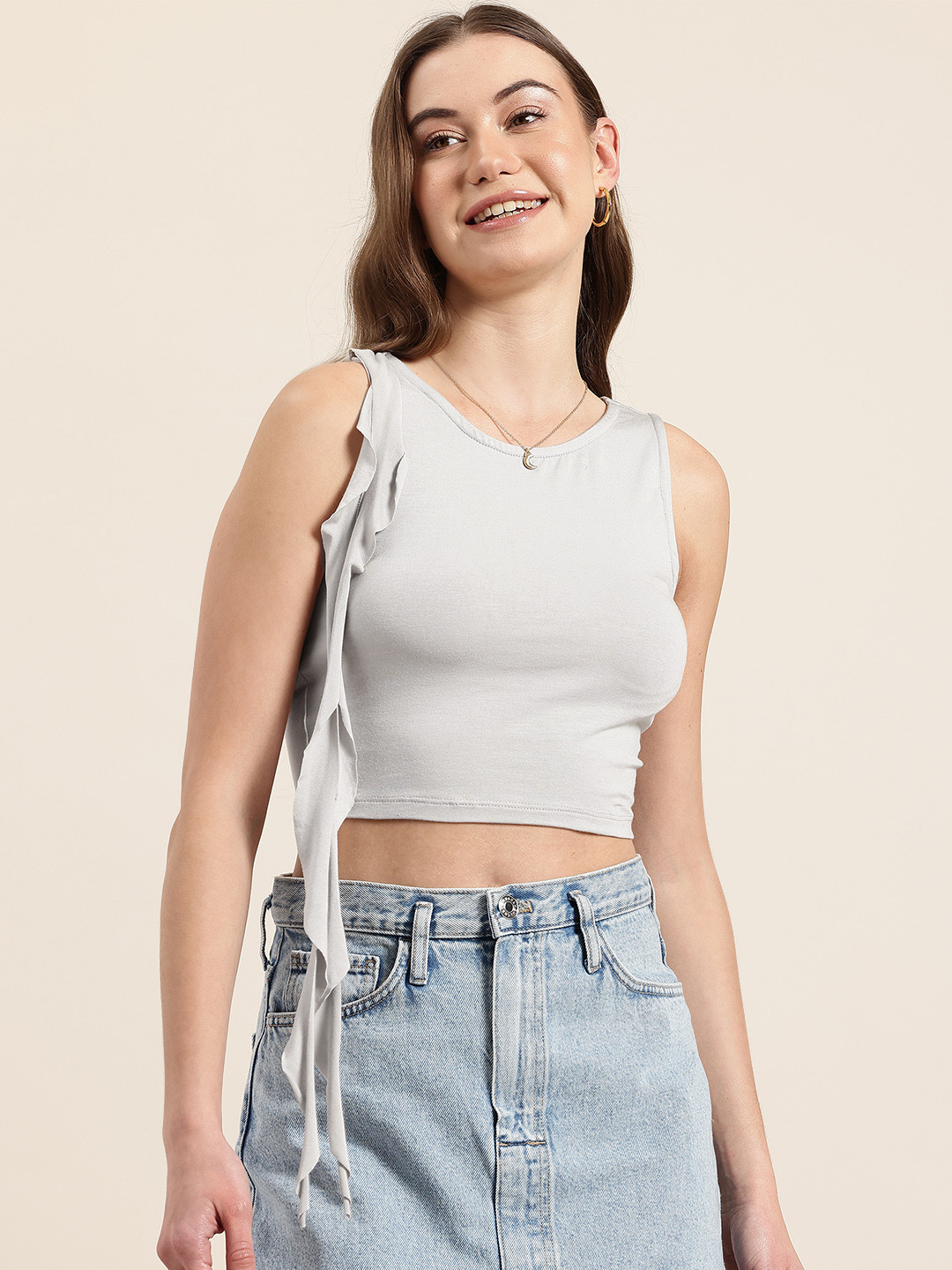

HERE&NOW Ruffles Fitted Crop Top, Grey