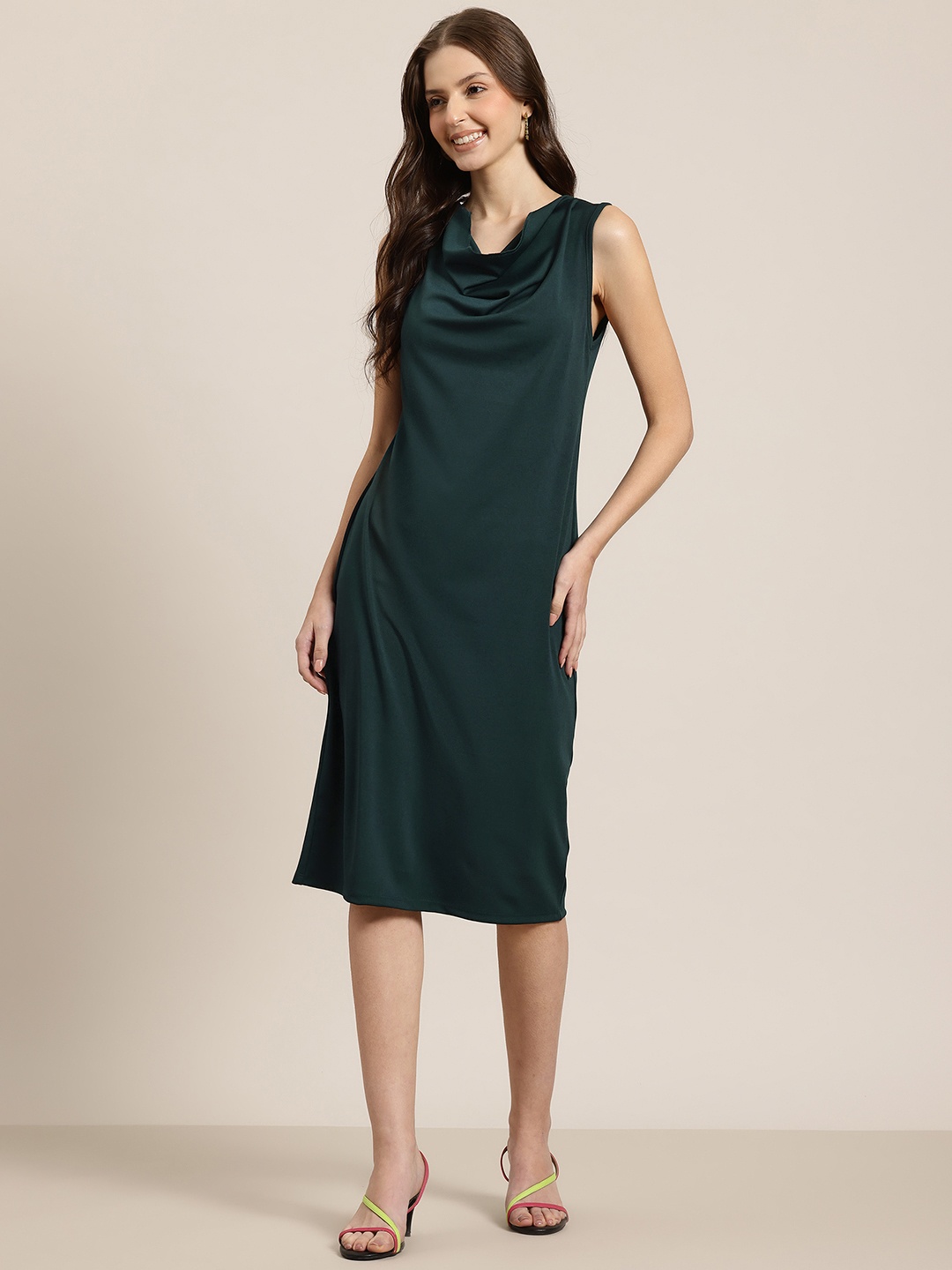 

HERE&NOW Cowl Neck Back Slit A-Line Dress, Green