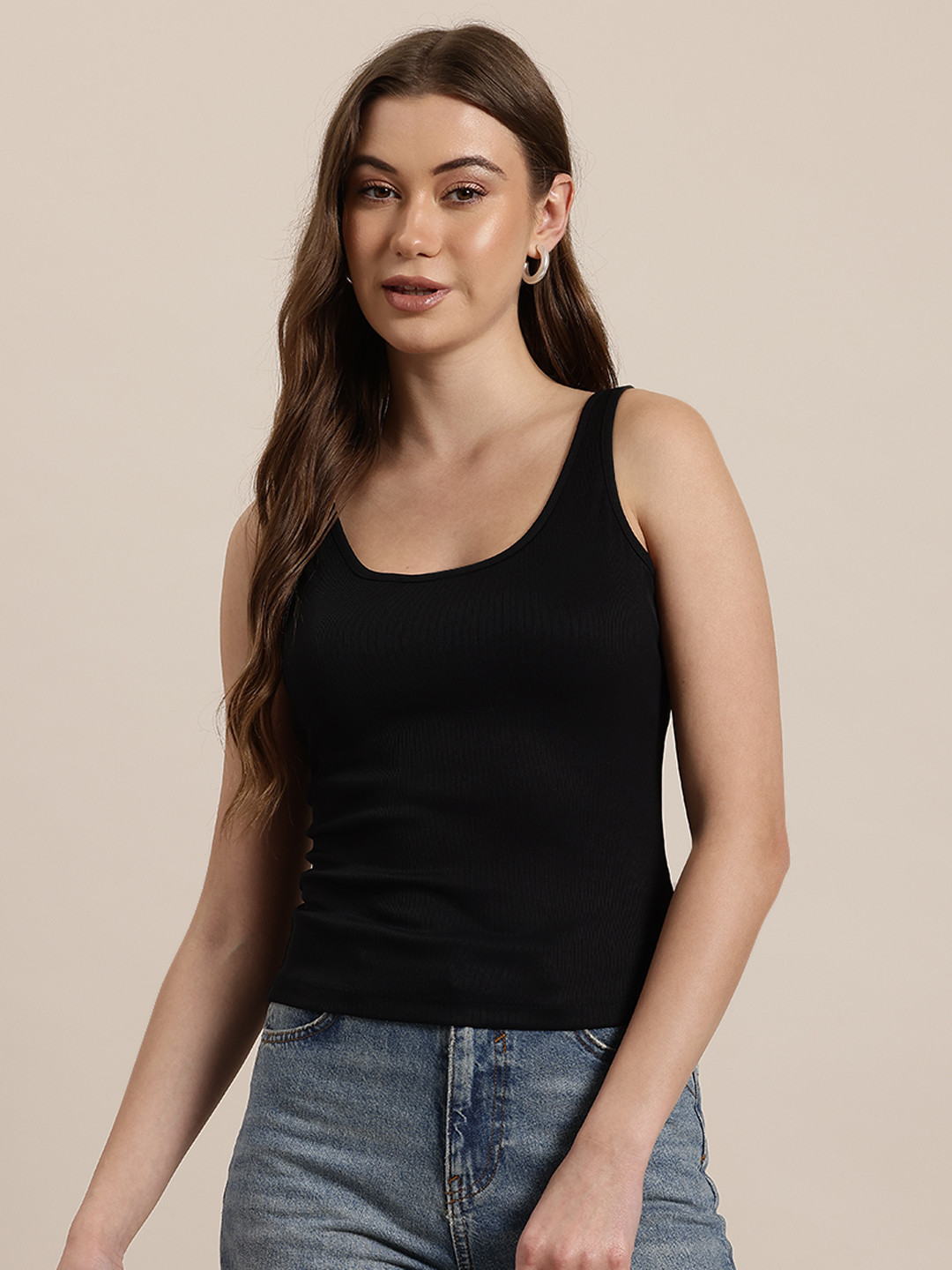 

HERE&NOW Scoop Neck Fitted Top, Black