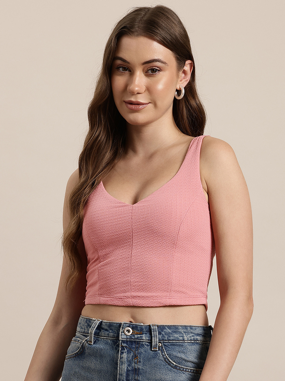 

HERE&NOW Textured Fitted Crop Top, Pink