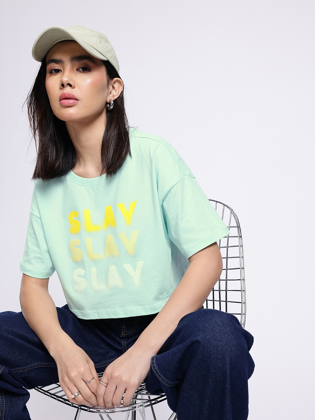 

glitchez Cool Vibe Typography Printed Boxy T-shirt, Sea green