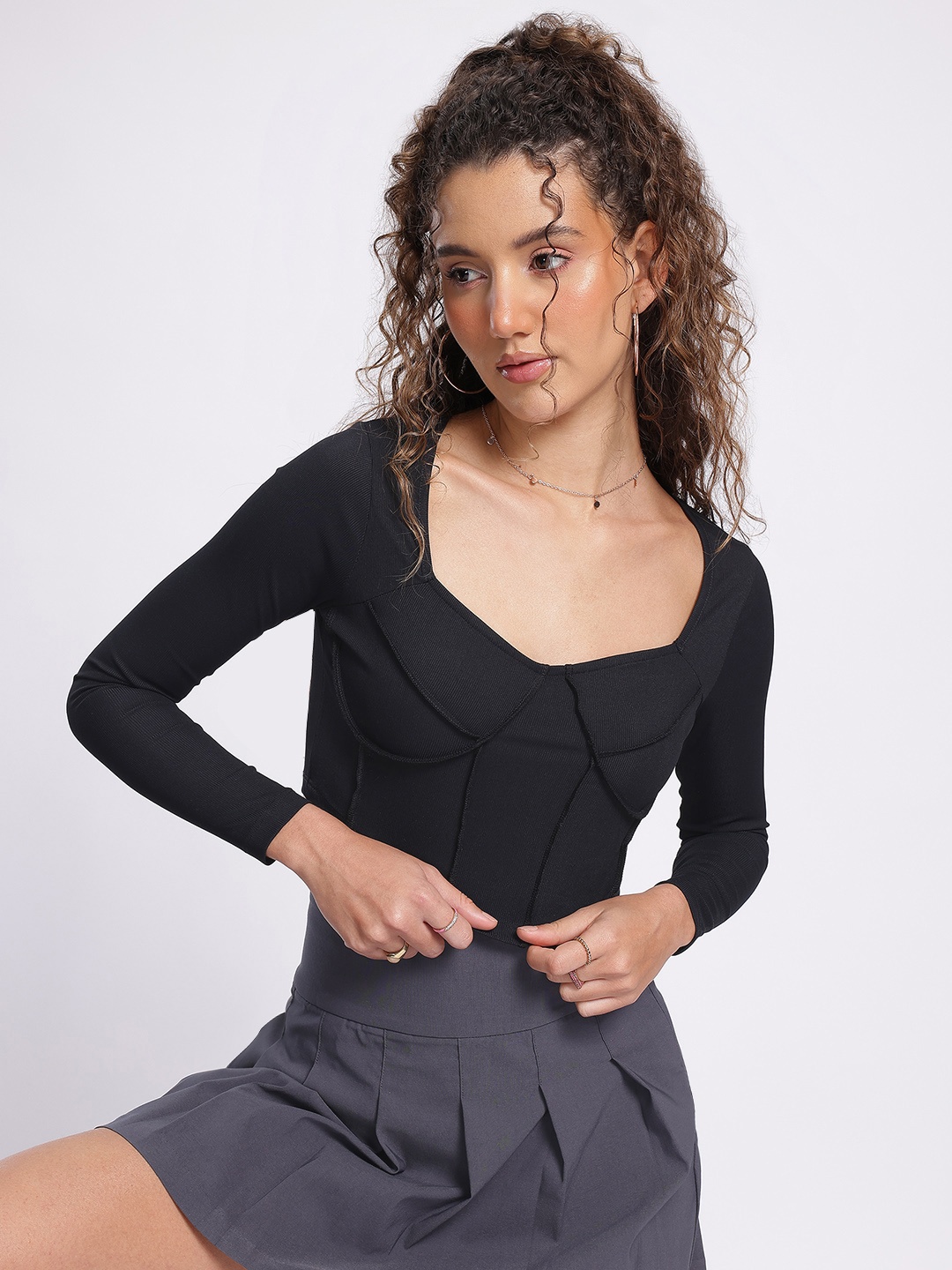 

glitchez Scoop Neck Raglan Sleeves Crop Top, Black