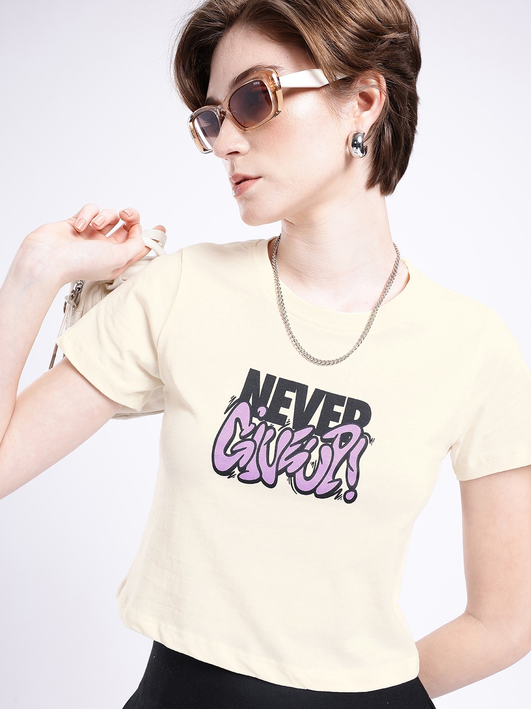 

glitchez Urban Chic Typography Printed T-shirt, Cream