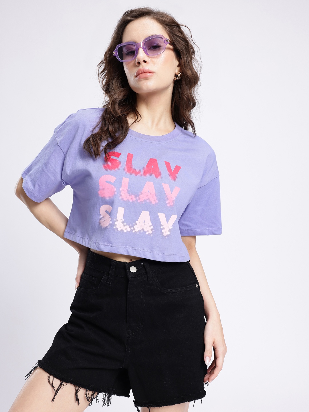 

glitchez Street Savvy Printed Boxy Cropped T-shirt, Purple