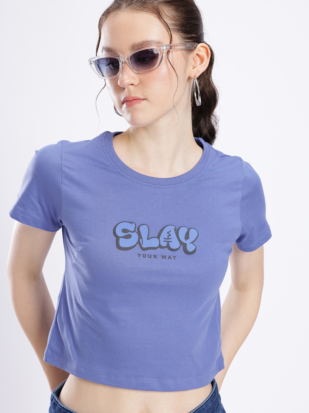 

glitchez Urban Vibe Typography Printed Crop T-shirt, Blue