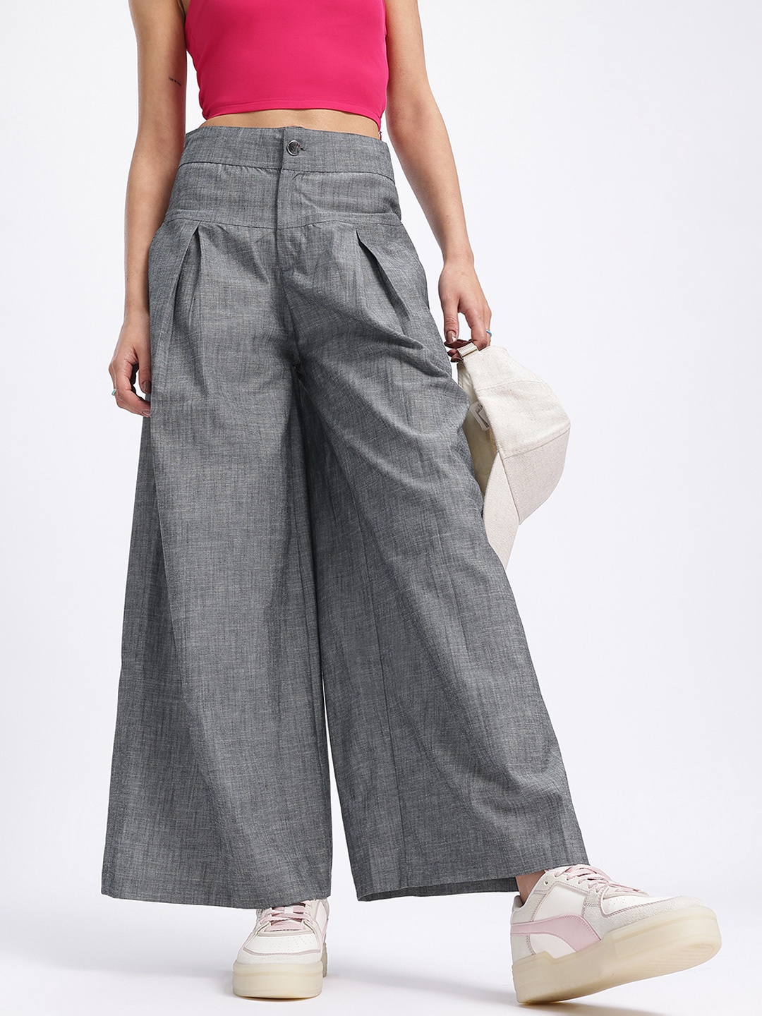 

glitchez Women Ease Mode Pleated Relaxed Wide Leg Trousers, Grey