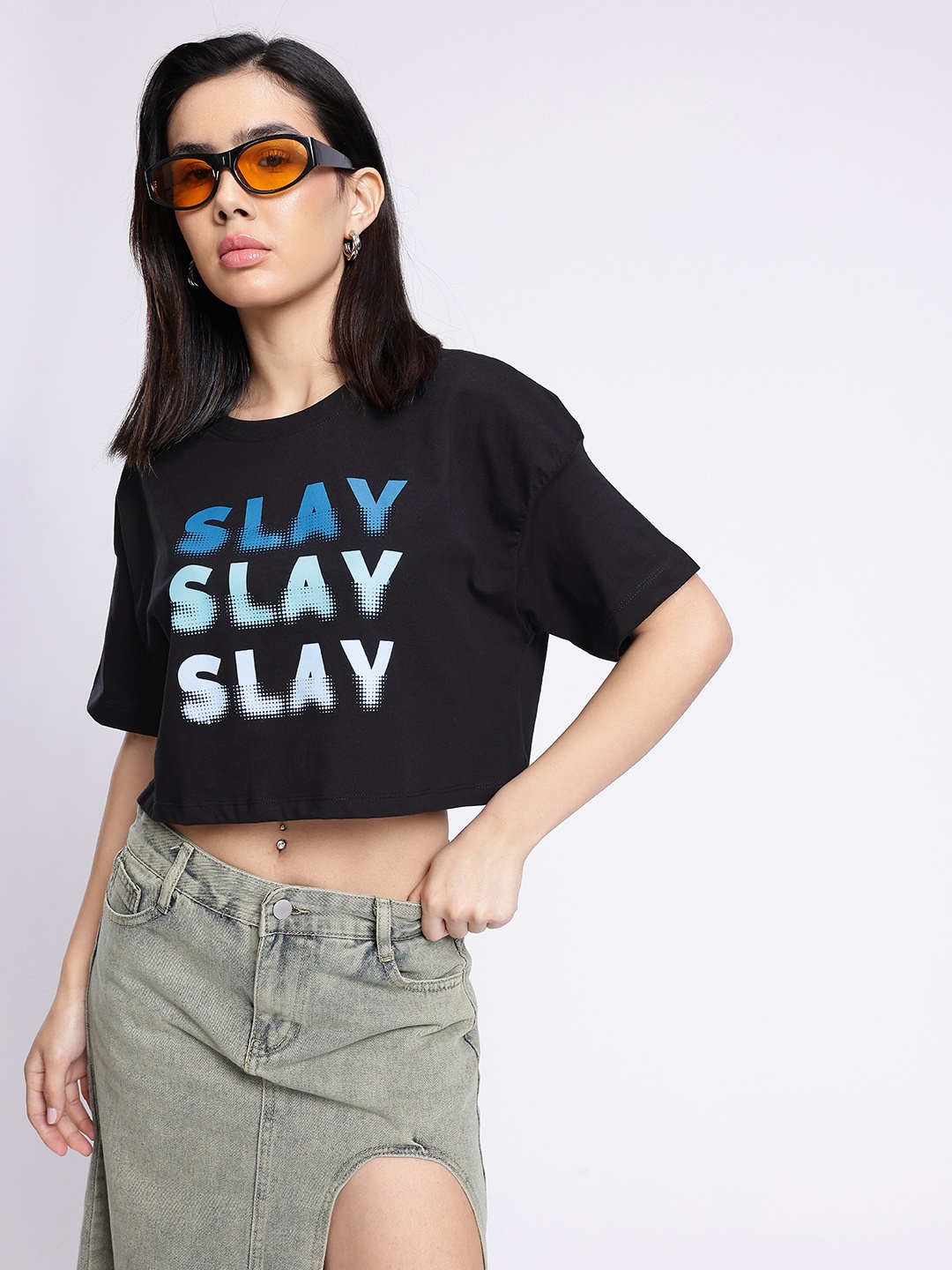 

glitchez Slay Mode On Printed Cropped Boxy T-shirt, Black