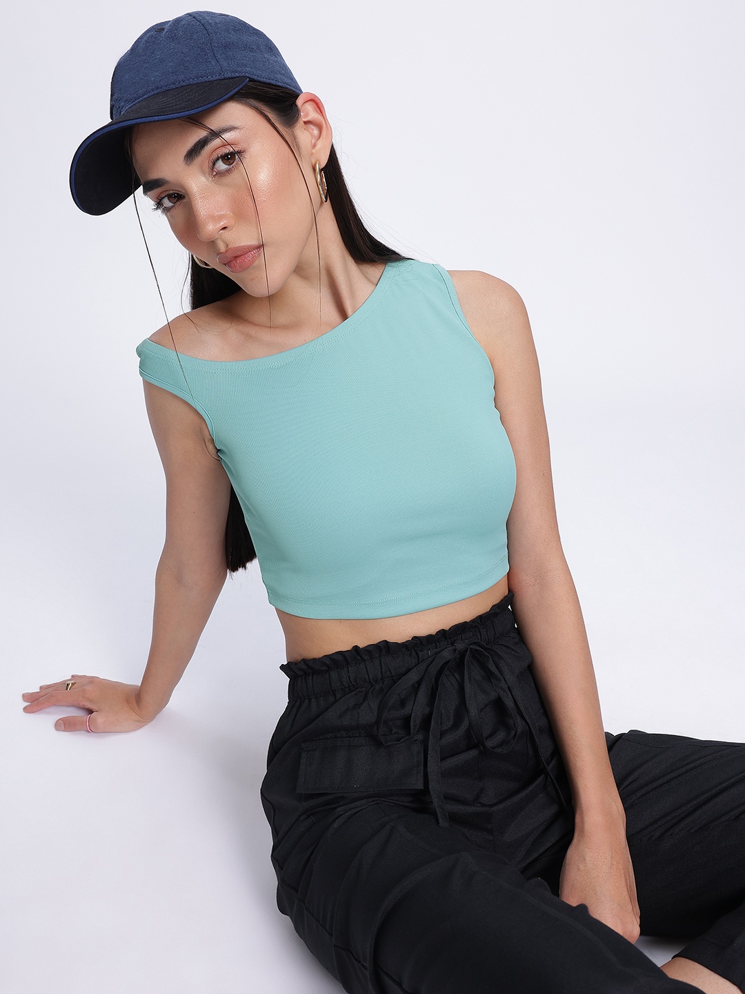 

glitchez Ribbed Ready Asymmetric Neck Crop Top, Sea green