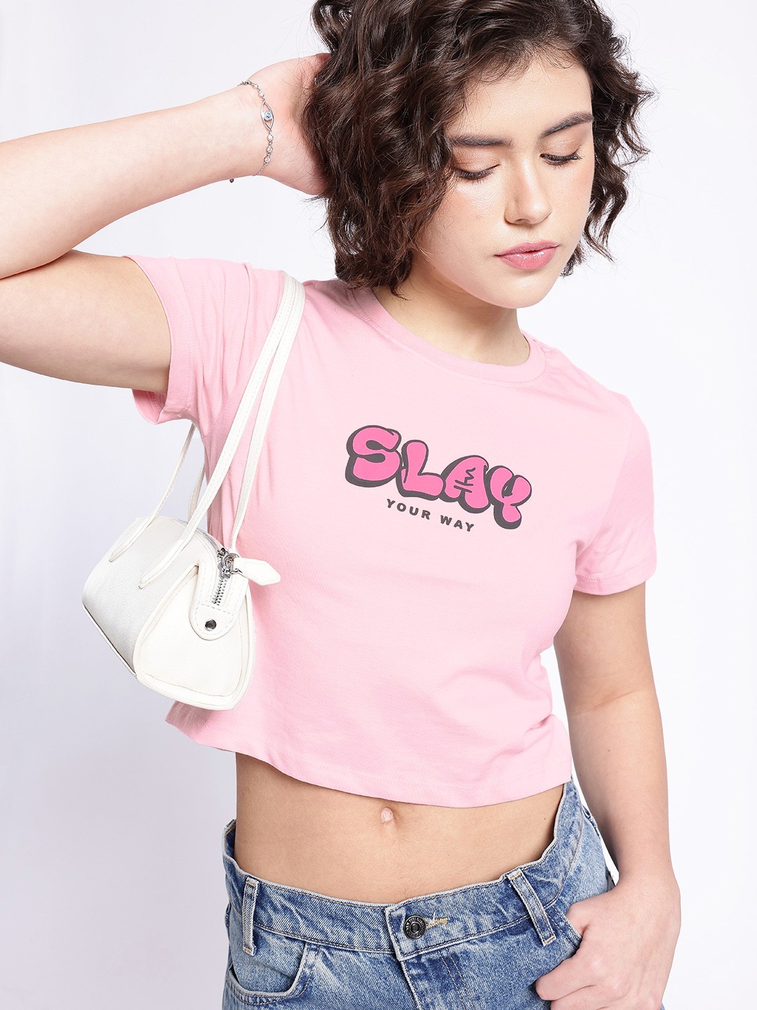 

glitchez Modern Chic Typography Printed Crop T-shirt, Pink