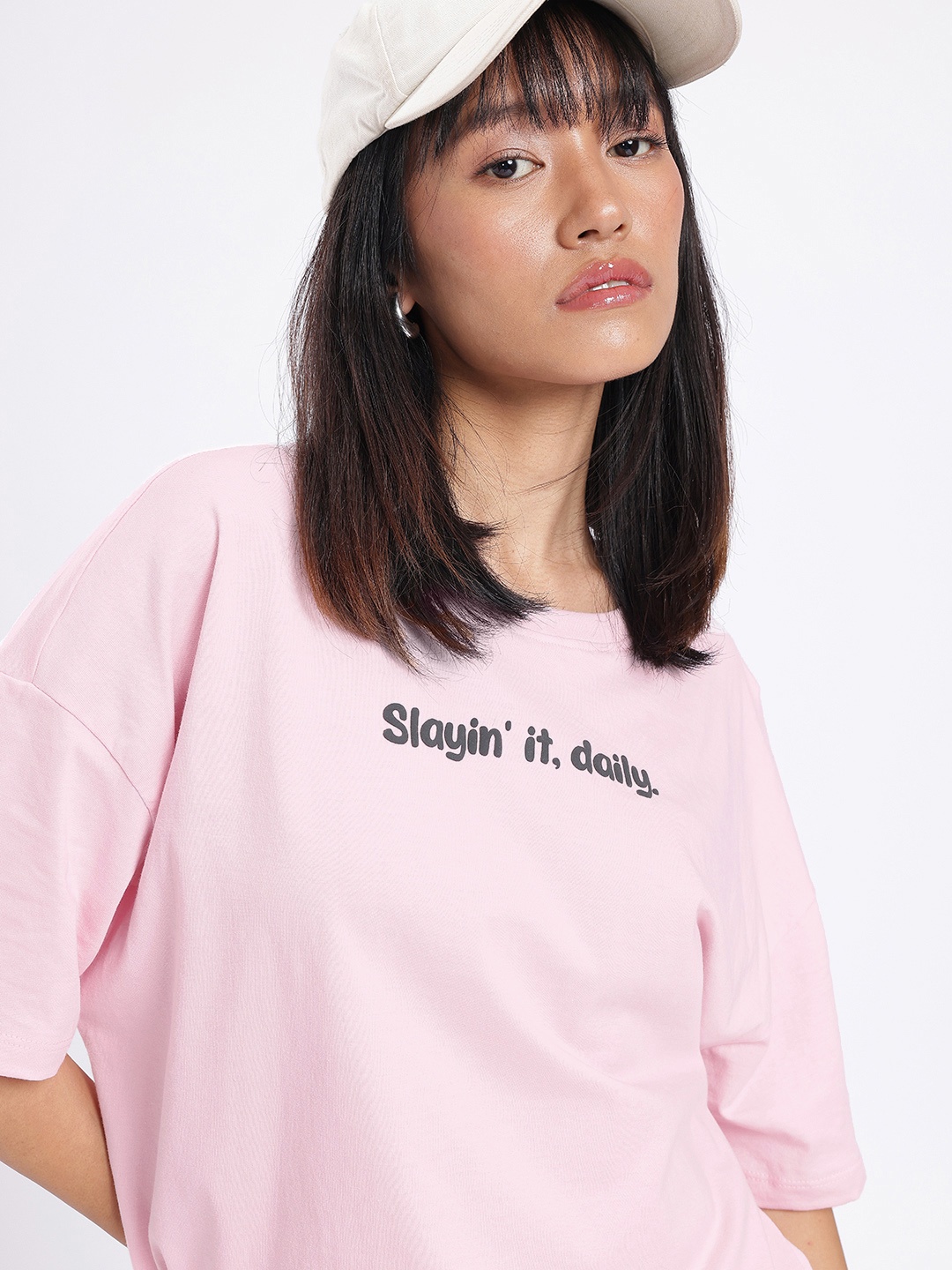 

glitchez Classic Chic Typography Printed Oversized T-shirt, Pink