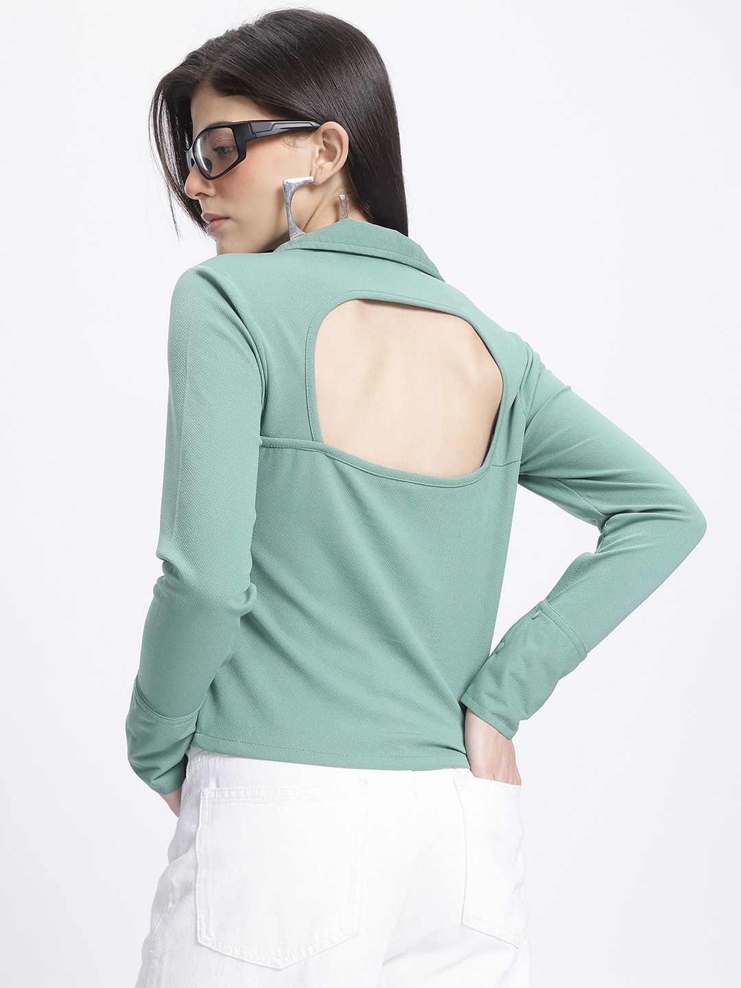 

glitchez Snip & Slay Cut Out Detail Shirt Style Top, Green