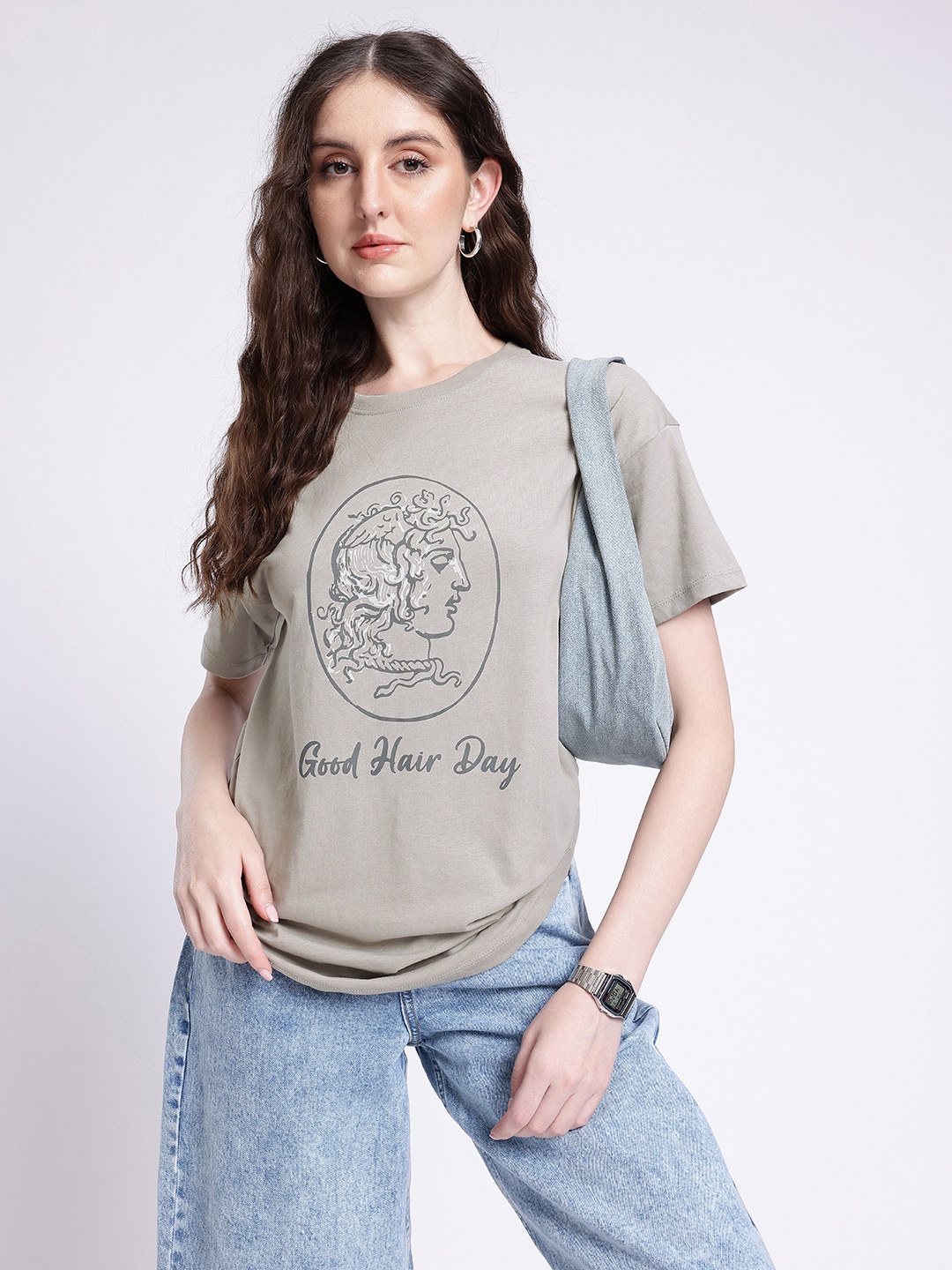 

glitchez Modern Cool Graphic Printed Oversized T-shirt, Grey