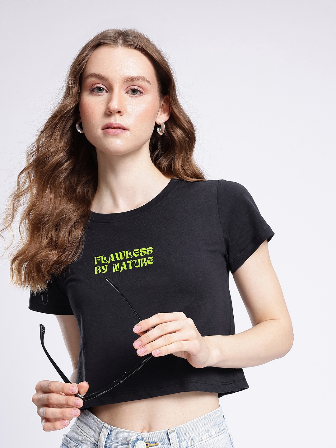 

glitchez City Chic Typography Printed Crop T-shirt, Black